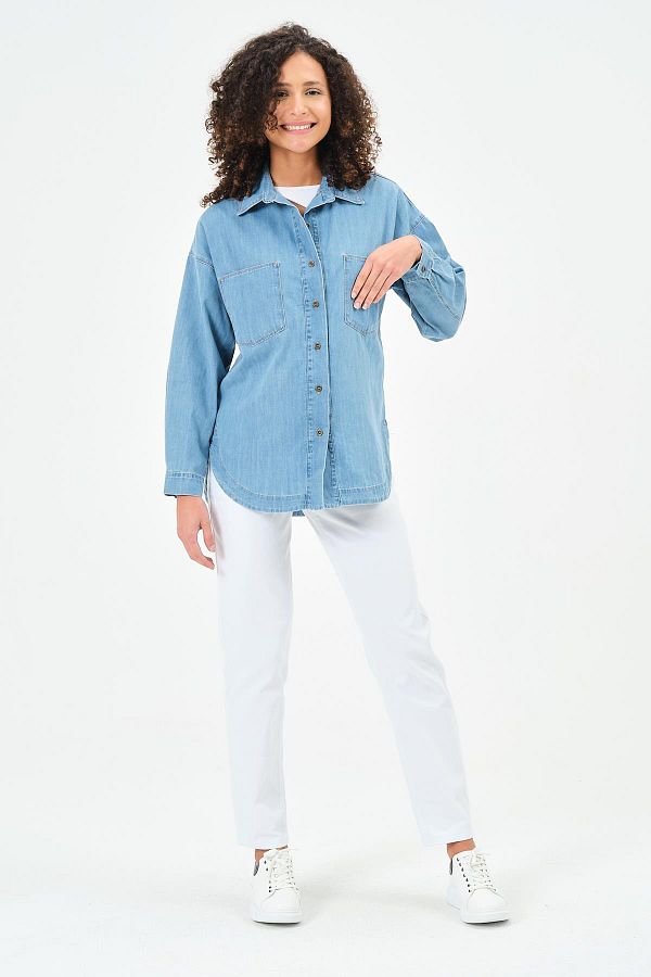 BUSA-Pregnant Oversize Denim Shirt with Front Pockets Blue 1