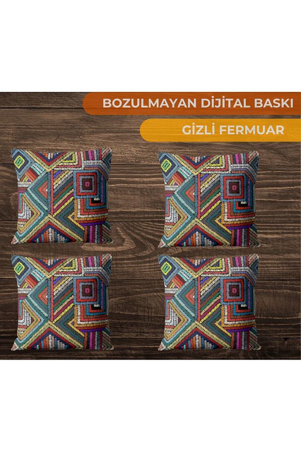 CİMENS-Set de 4 perne cadou imprimate digital - model geometric maro albastru galben 1