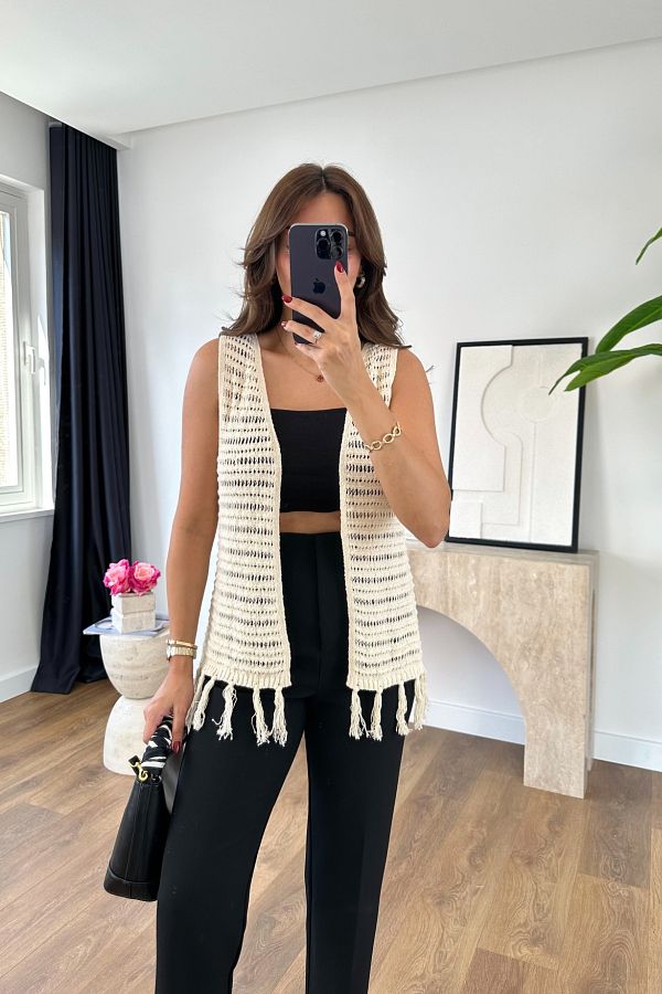 BİRCANÇİL-Vesla Stone Tasseled Openwork Vest 1