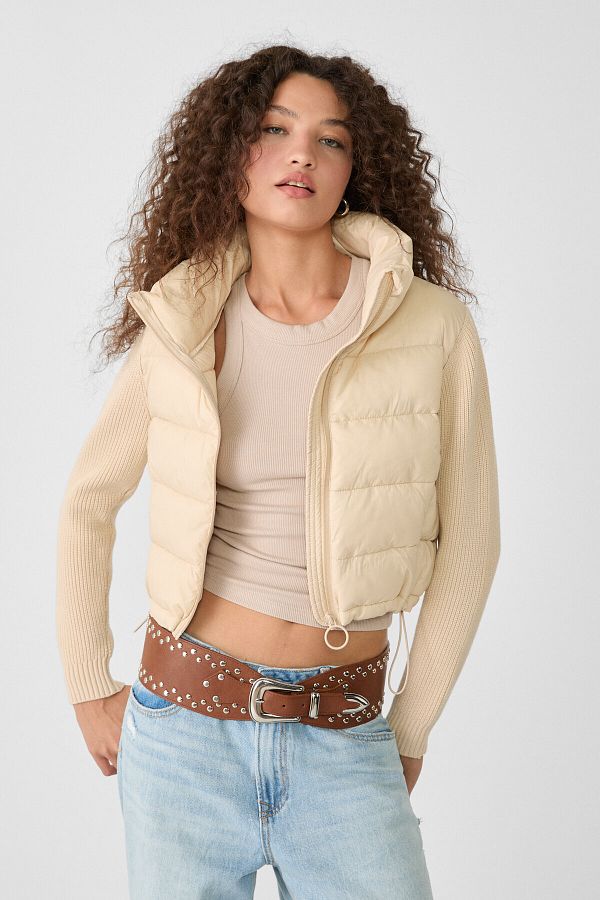 Puffer jacket with knit sleeves discount