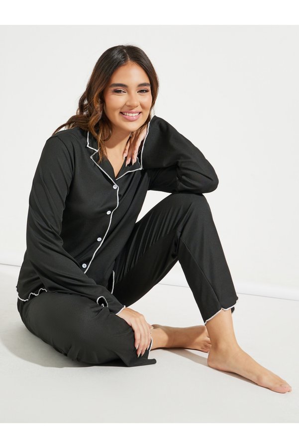 Take Two By Styli Contrast Binding Lettuce Trim Shirt and Pyjama Set