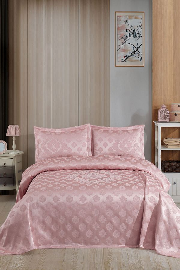 BİRHOME-Damask Panel Chenille Double Bedspread (Powder) 1