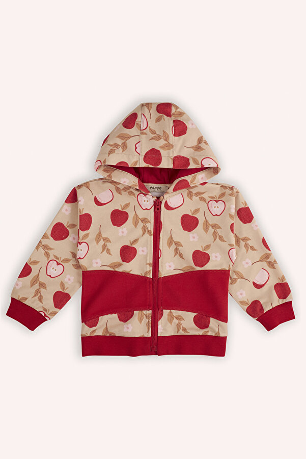Panço Kız Bebek Elma Desenli Fermuarlı Bej Sweatshirt