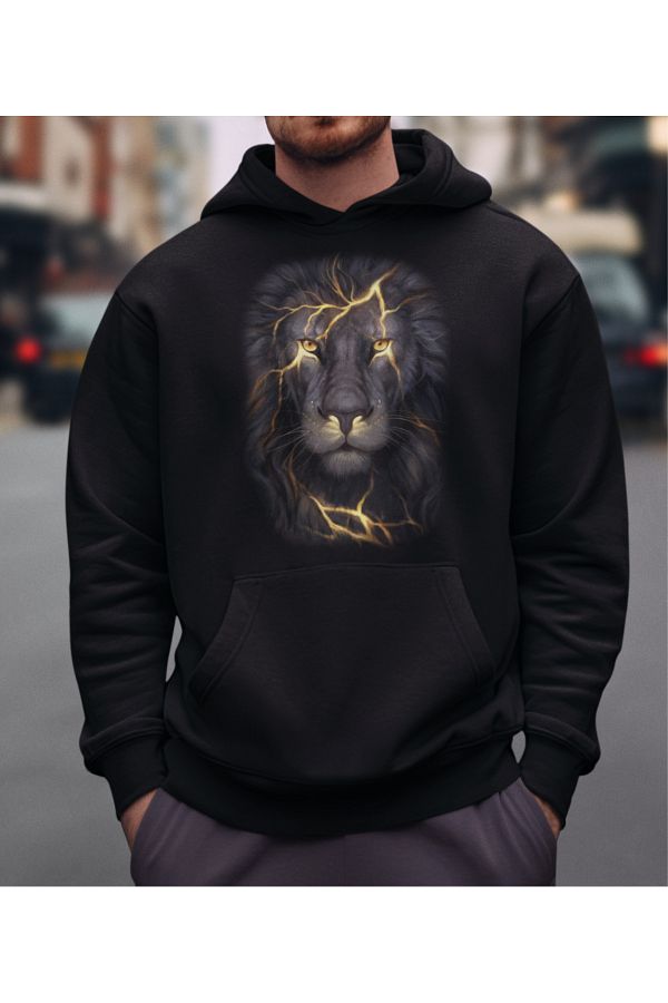 NOVUMUS Lightning Lion Printed Black 3 Thread Raster Cotton Fabric Digital Printed Hoodie Sweatshirt Trendyol