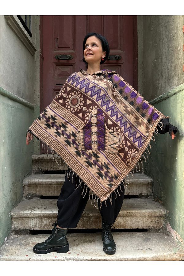 Bohoyasam Nepal Ethnic Patterned Unisex Winter Poncho Festival and Camping Style Trendyol