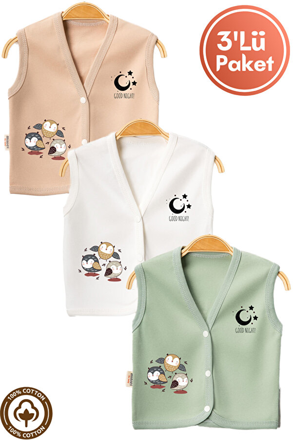Miniel Unisex Bebek Baykuş Baskılı Organik Pamuklu 3-6-9 Ay 3Lü Penye Bebek Yelek Set