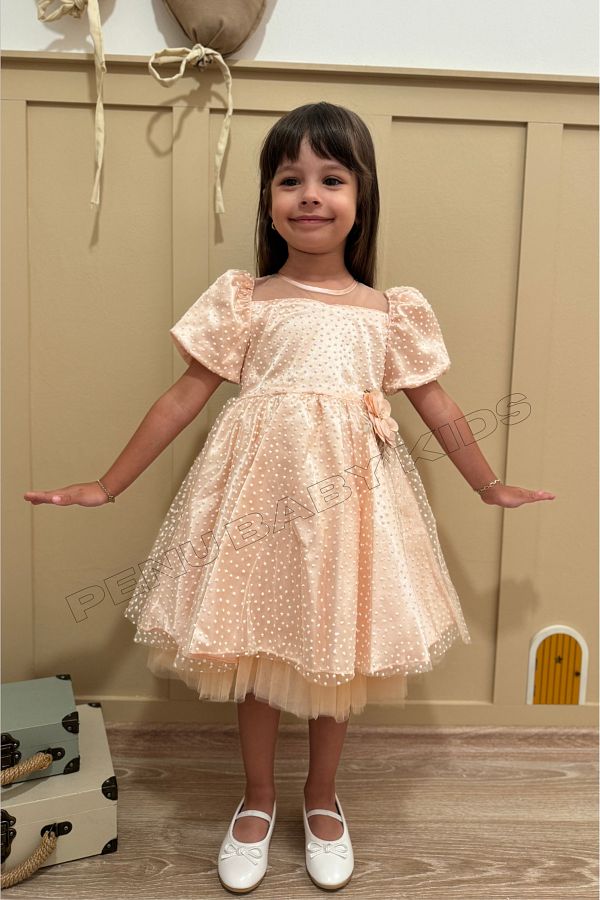 penu baby kids Salmon Flower Detailed Glittery Polka Dot Balloon Sleeve Baby Girl Dress Trendyol