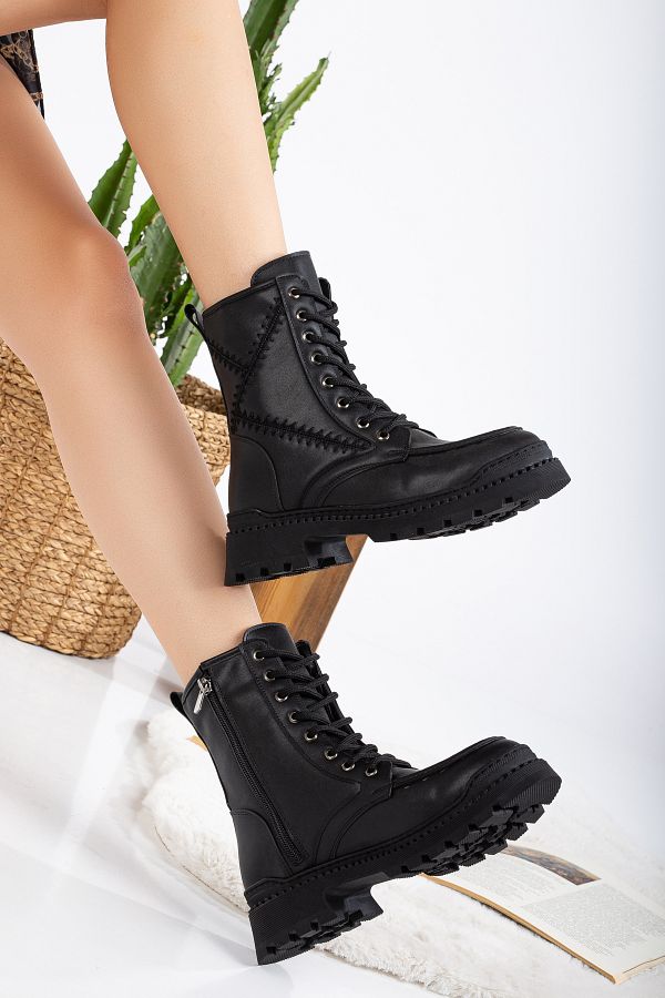 HMS moda Women s Ultra Black Leather Stylish Boots with Lacing and Zipper Detail Trendyol