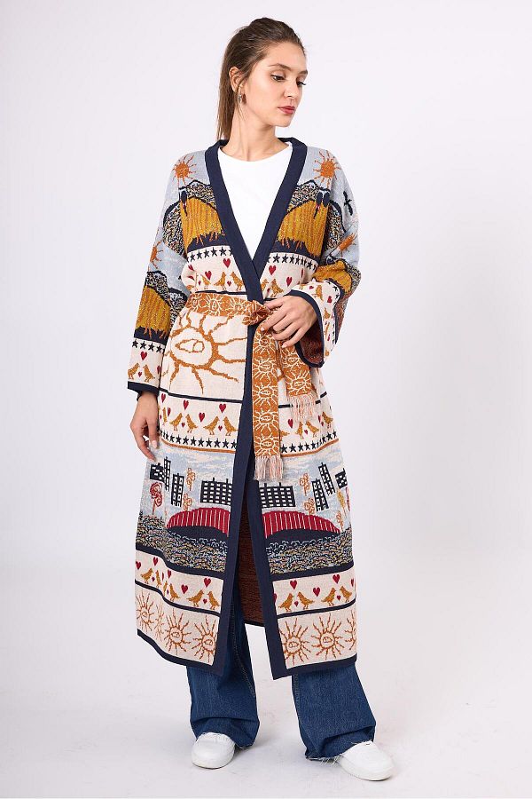 Peraluna-Navy Blue Multi Sweet Memories Jacquard Women's Long Knitwear Kimono 1