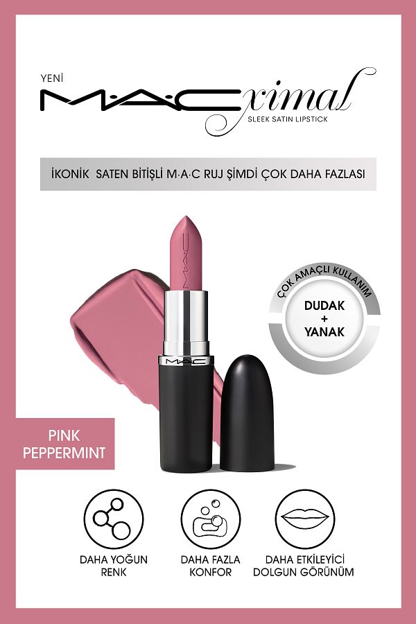 M.A.C-Lipstick for Lips and Cheek with Satin Finish-Pink Peppermint 3.5Gm Keyo454 - Intense Color-Plumpy Look 1