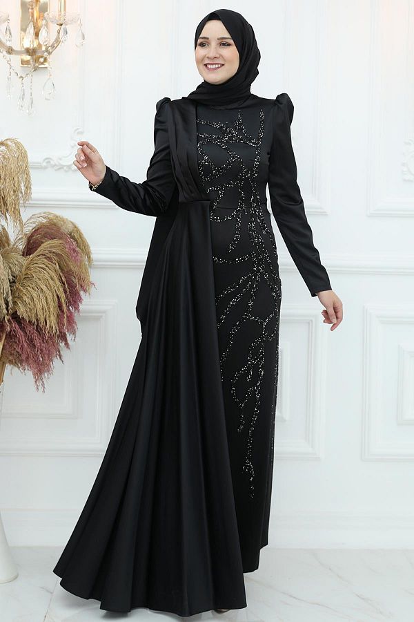 Amine Hüma-Burçin Satin Evening Dress Black 1