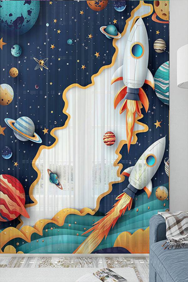 Else Dekor Uzay Gemisi Galaksi Desenli Erkek Çocuk Odası Tül Perde 140x260cm