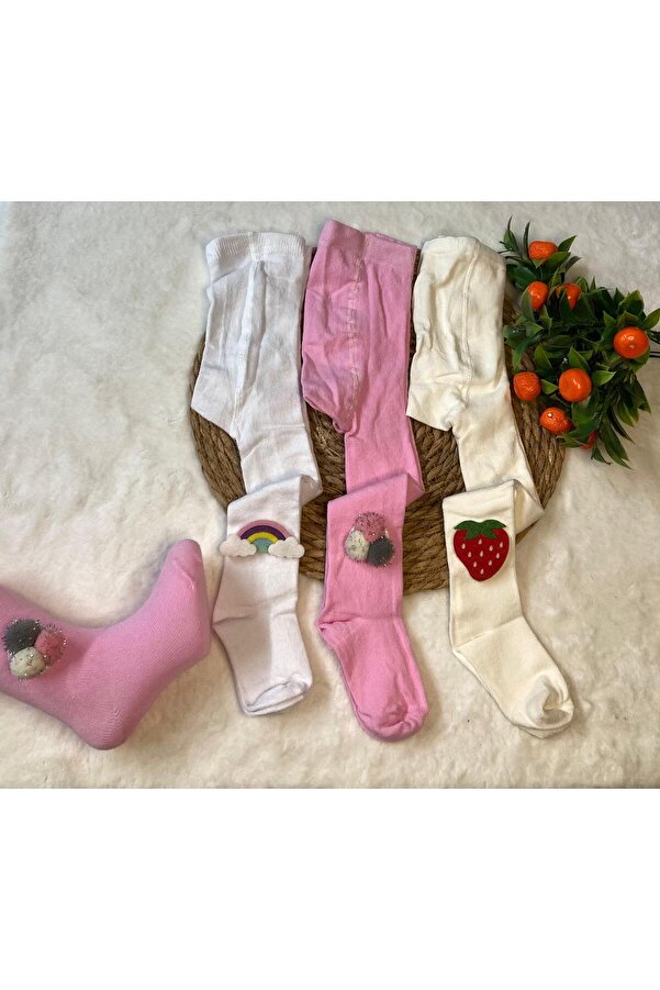ESES BEBE 3’lü Kız Bebek Pamuklu Külotlu Çorap Keçe Figürlü Kilotlu Çorap