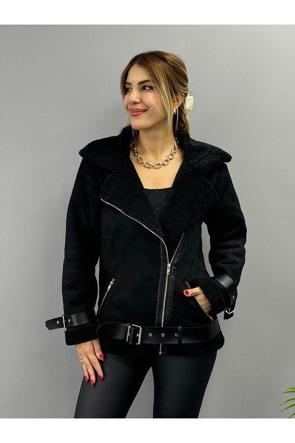 Black suede shearling jacket deals