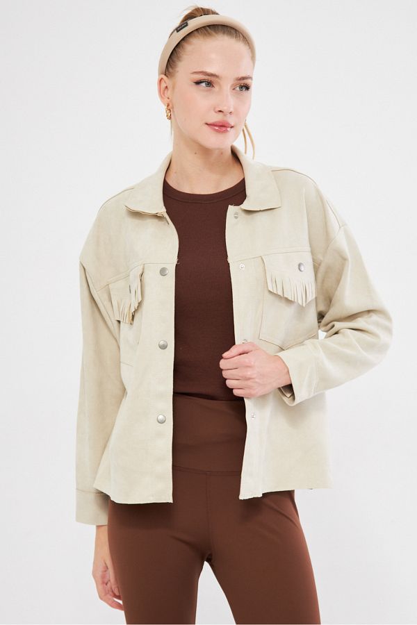 armonika Women s Stone Tassel Detailed Suede Shirt Jacket Arm 25K 025004 Trendyol