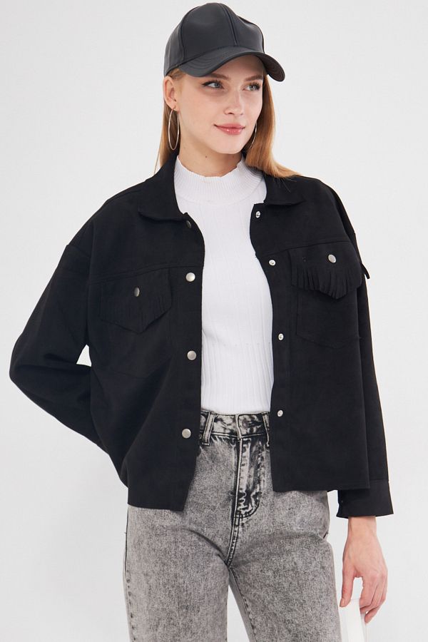 armonika Women s Black Tassel Detailed Suede Shirt Jacket Arm 25K 025004 Trendyol