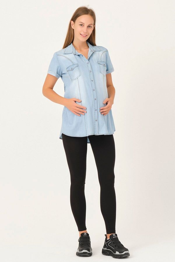 BUSA-Pregnant Front Buttoned Denim Shirt Blue 1