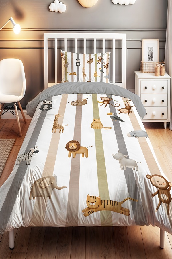 Evpanya Çizgiler ve Hayvanlar Desenli Tek Kişilik Bebek Çocuk Nevresim Seti