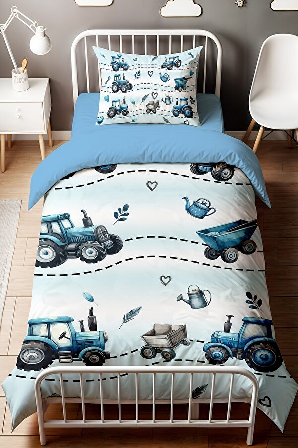 Evpanya Blue Tractor Patterned Single Baby Kids Bedding Set- Trendyol