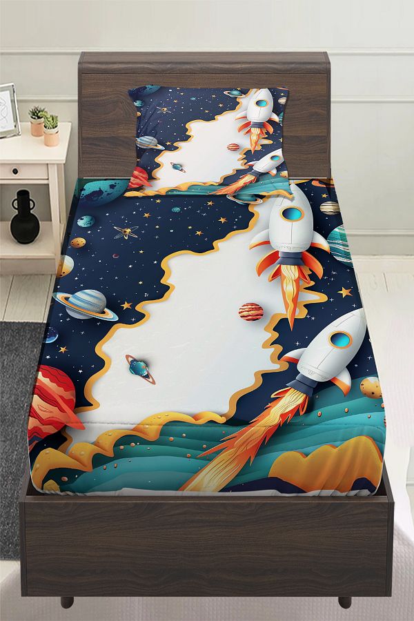Else Dekor-Spaceship Galaxy Patterned Boy's Single Pillowed Elastic Sheet Set 100X200Cm 1