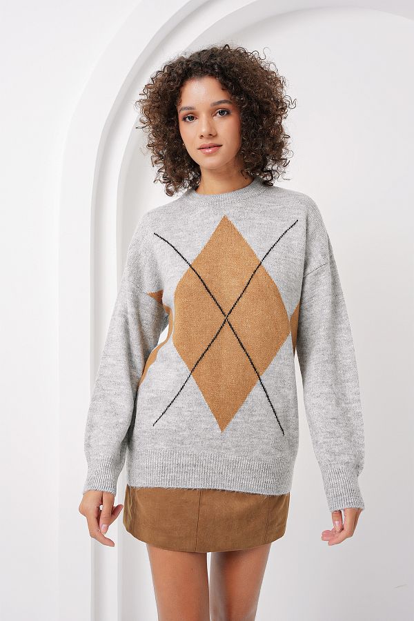 Bigdart-15895 Diamond Patterned Oversize Knitwear Sweater - Gray 1