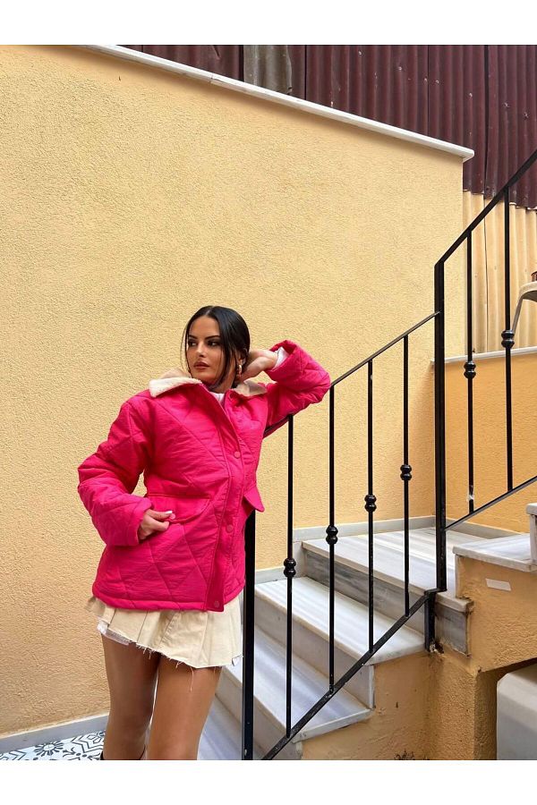 comstar-Jachetă de damă cu guler de blană cu model Argyle matlasat fucsia 1