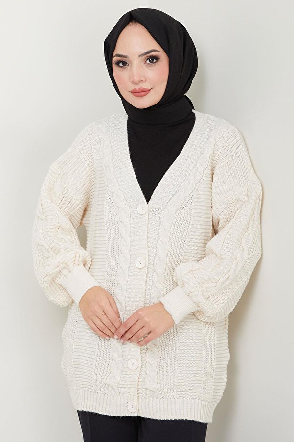 hafsamina Balloon Sleeve Knitwear Cardigan Hair Braided, Cream