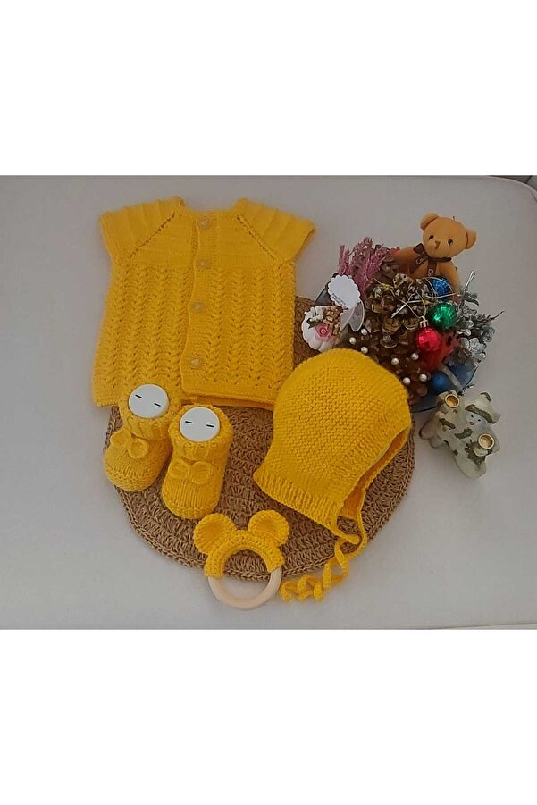 BEGİN Sarı Yenidoğan Hediyelik Bebek El Örgü Pamuk Yelek Lora Şapka Patik Diş Kaşıyıcı Dörtlü Takım