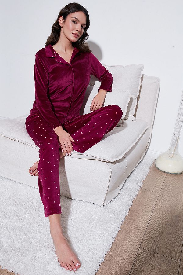 Lela-Regular Fit Patterned Shiny Velvet Pajamas Set Pyjamas Set 65713311 1