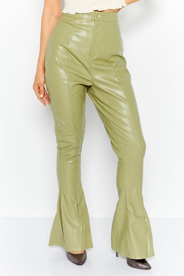 Missguided-Women Tall Faux Leather Flare Pants, Khaki 1