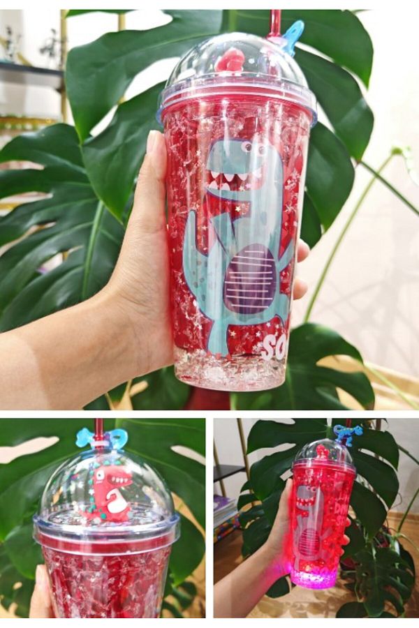 BiTon Toptan-Dino 450 ml Double Layer Mica with Red Led Light, Straw and Frosted Glass Appearance 2097 1