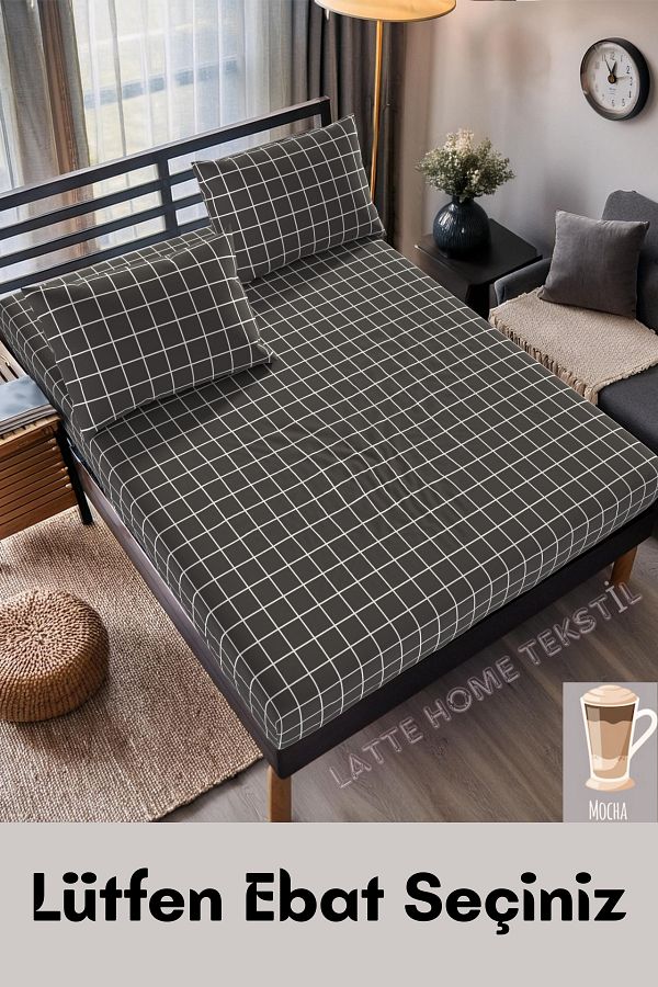 LATTE TEKSTİL-Cotton Plaid Patterned Ranforce Fabric - Elastic Sheet Set (Single-Double-King Size) 1