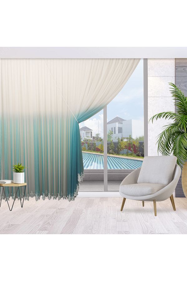 perhal perde ve halı-Gradient Color Transition Petrol Blue Skirts Embroidered 1-2 Sparse Pleat Rope Double Breasted Tulle Curtain 1