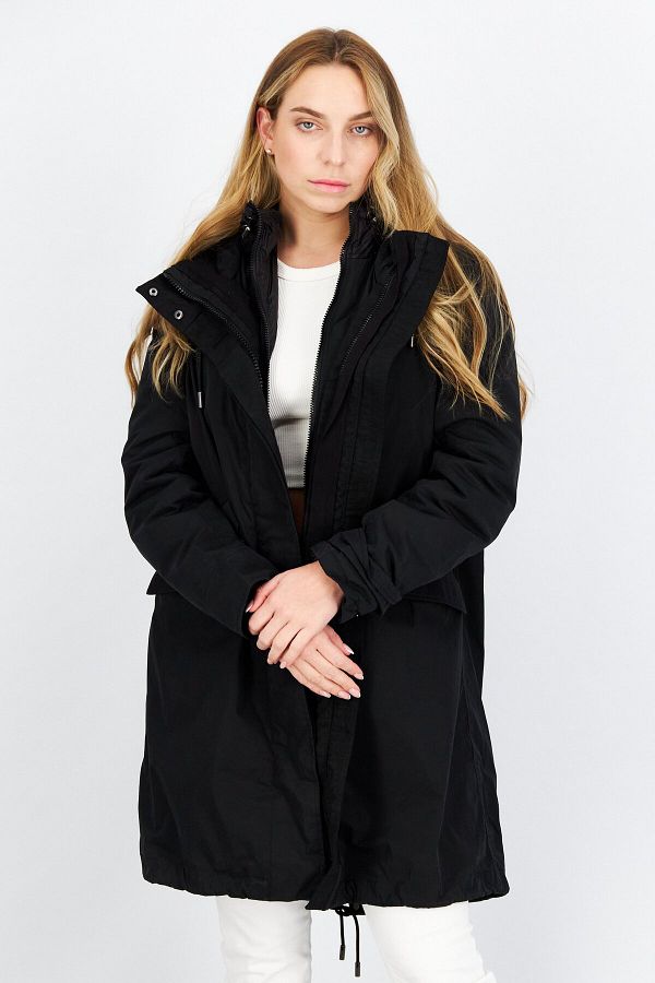 YS Army by Yves Salomon-Women Solid Hooded Parka Jacket, Black 1