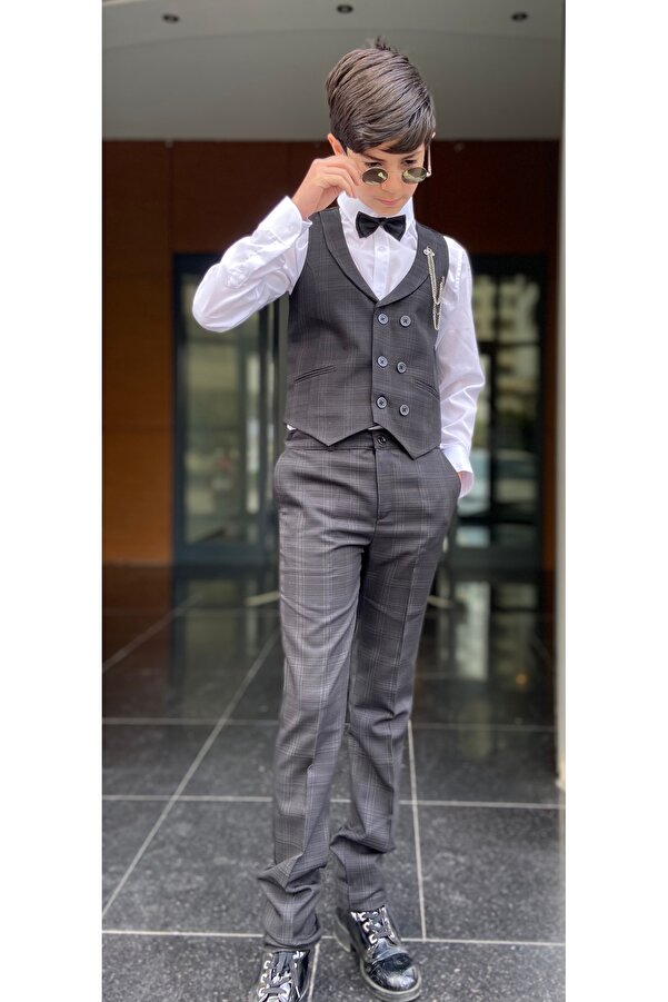 WENA KİDS Çocuk Yelekli Takım Elbise Gömlekli set EKOSE SİYAH