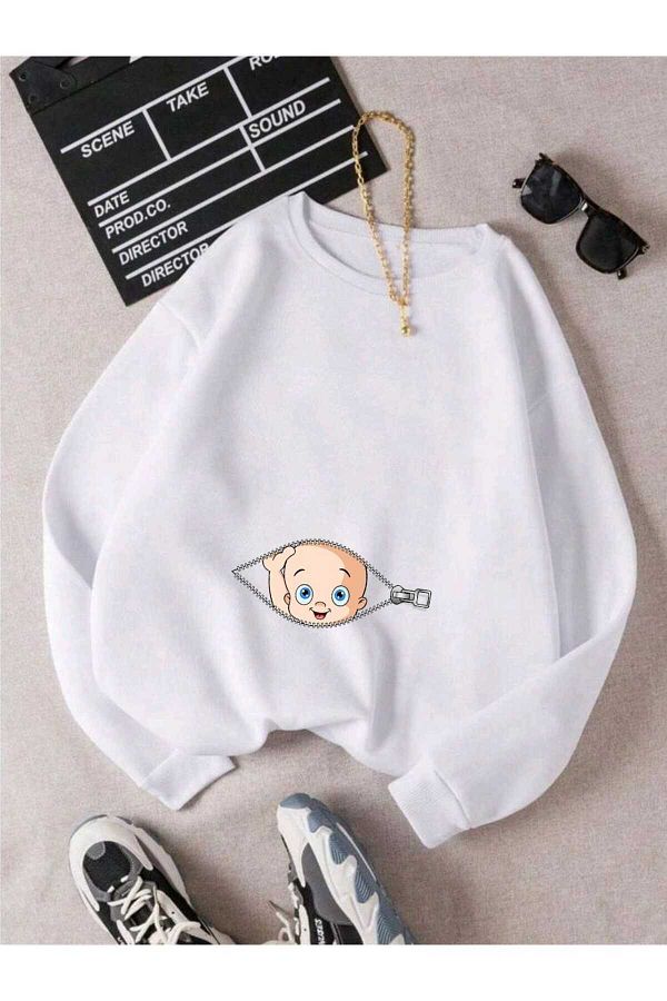 oneagılyazı-Women's Zipper Baby Printed Maternity Oversize Crew Neck Sweatshirt 1