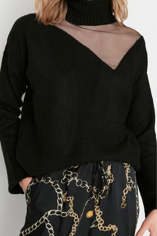 FRM Women s Fashion Stylish Regular Turtleneck Long Sleeve Plain Soft Textured Tulle Detailed Knitwear Sweater Trendyol