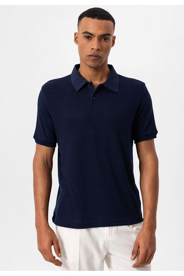 Antioch-Men's Polo Neck Navy Blue Slim Fit T-shirt 1