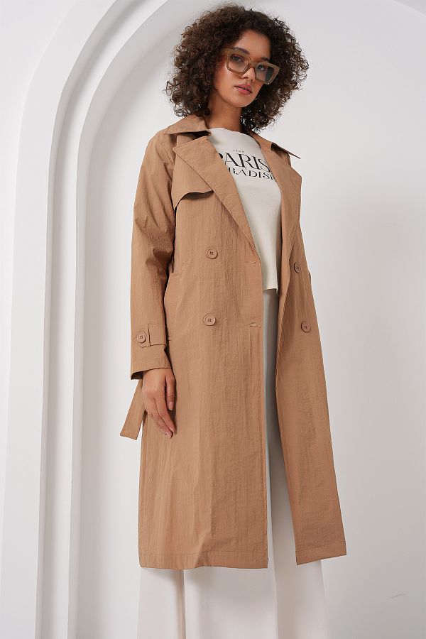 Bigdart-5938 Model Camel Colored Double-Breasted Collar Trench Coat 1