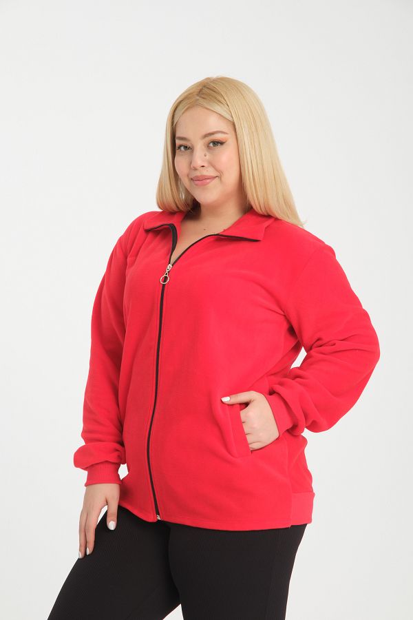 BANEGA Curve Plus Size Red Zippered Pocket Raised Fleece Sweatshirt Cardigan Trendyol