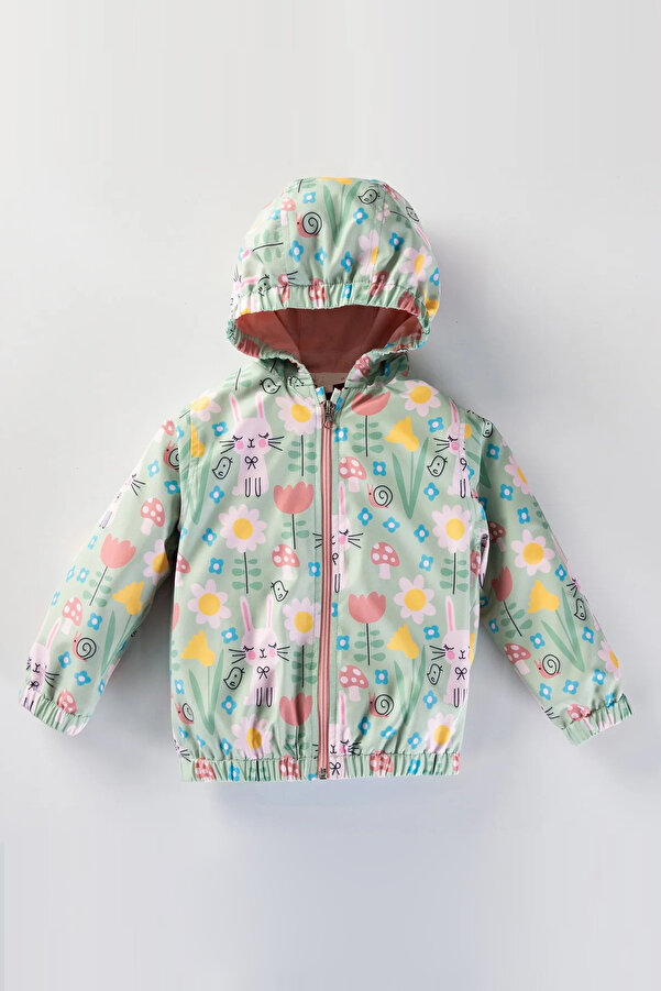 MDM Sevimli Tavşan ve Çiçek Figürlü Kapşonlu Pamuk Astarlı Erkek Kız Bebek Yağmurluk Mont Tulum Çocuk