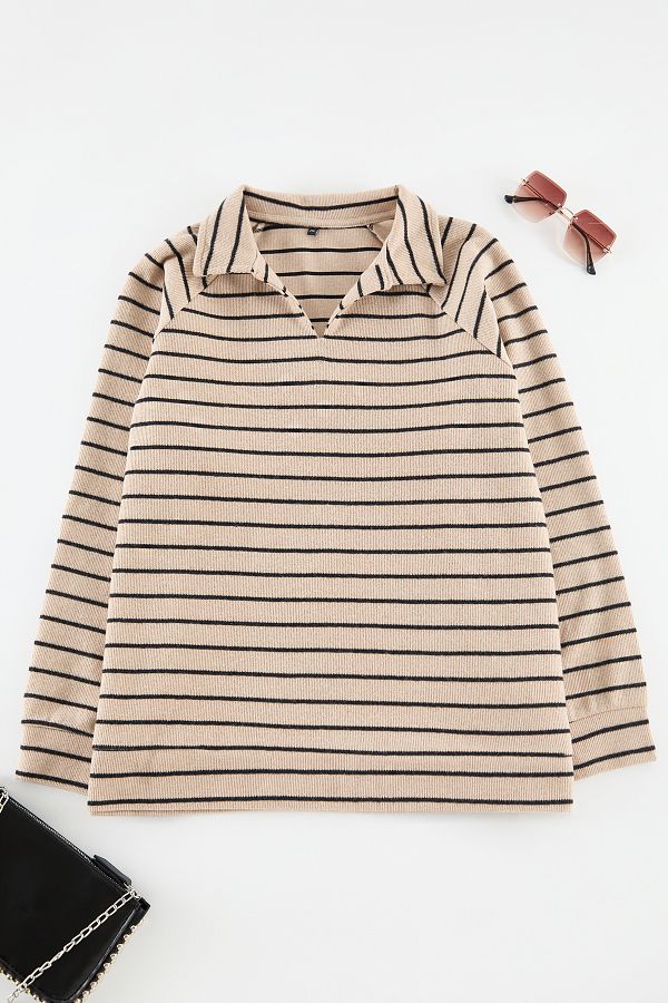 Trendyol Curve-Béžová proužkovaná oversize mikina Thessaloniki Polo velká velikost - Tbbaw25Ao00043 1