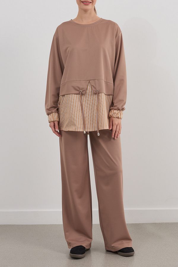 Edit by Trendyol-Beige Striped Color Block Knitted Top and Bottom Set Tedaw25Us00031 1