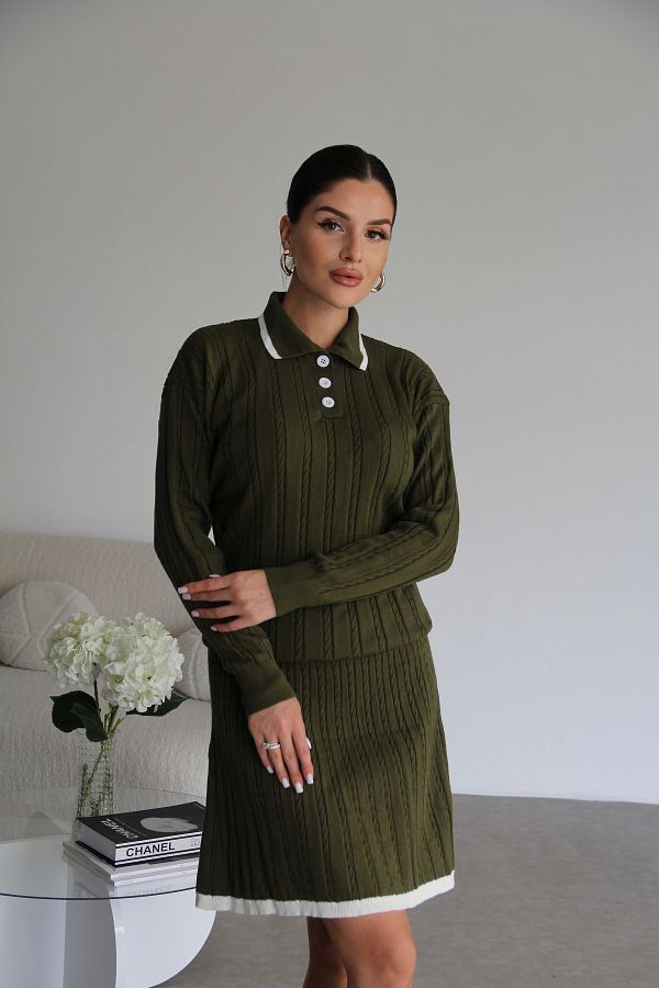 Mooi Butik Khaki Green Stripe Detailed Polo Collar Sweater Skirt Women s Knitwear Top and Bottom Set Trendyol
