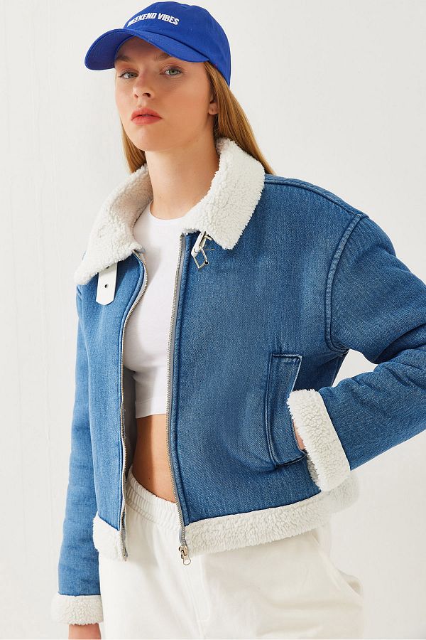 Bianco Lucci-Filato Detaillierter Plüsch-Jeansmantel für Damen 2451 60351040 1