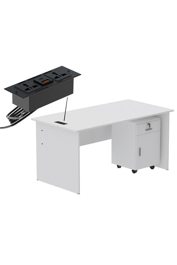 Mahmayi-MP1 160x80 White Writing Table With Drawers and Black BS01 Desktop Socket USB AC Port 1