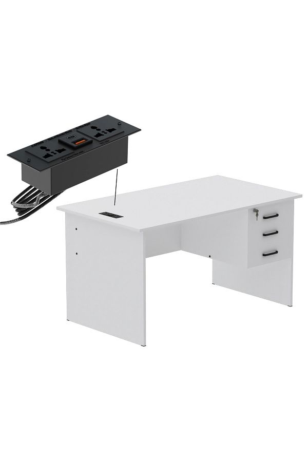 Mahmayi-Writing Table With Hanging Pedestal Attached Desktop Socket With USB AC Port - White 1