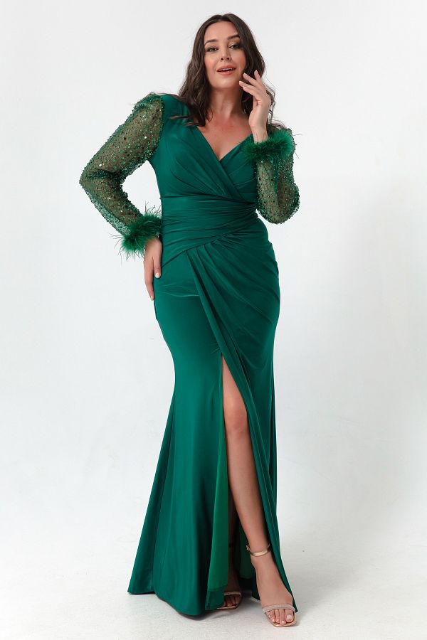 Lafaba Women s Emerald Green V Neck Sleeves with Stone Slits Plus Size Long Evening Dress Trendyol