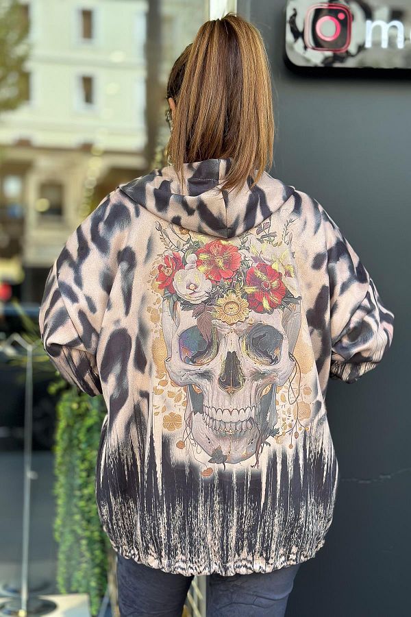 Modalook-Camel Colored Skull Patterned Hooded Chamois Jacket 1