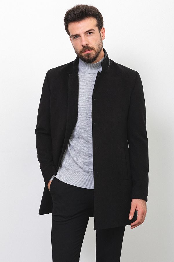 Mcr-Plain Black Color Slim Fit Judge Collar Wool Men's Coat 1